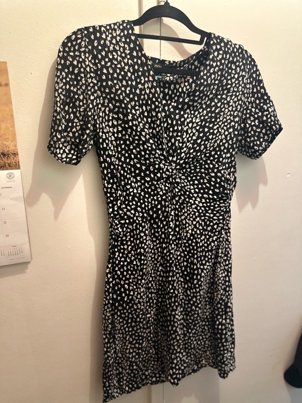 Maje Black and White Printed Twist-Front Mini Dress